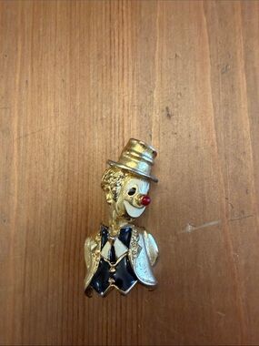 Gold-tone Jomaz Mazer Unsigned Clown Brooch with Black Vest and Red Nose